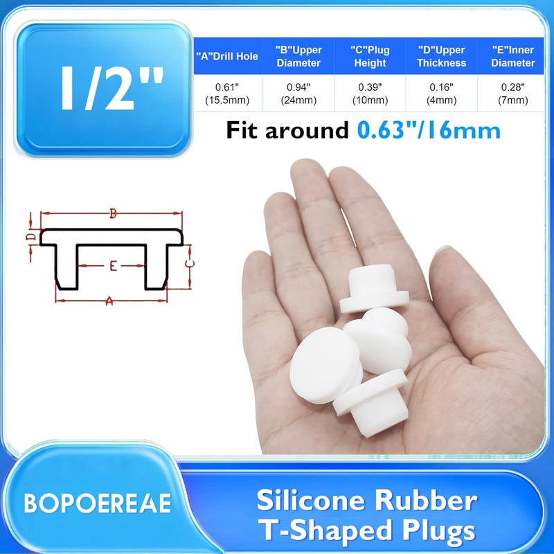 BOPOREAE 18Pcs 16 mm/0.63 In Silicone Rubber Plug for 15.5mm In Round Hole, Waterproof T type Rubber Stoppers, Soft Flexible Bottle Seal Button Plugs Tube Pipe End Cap Inserts Bathtub Jet Covers,White - Image 2